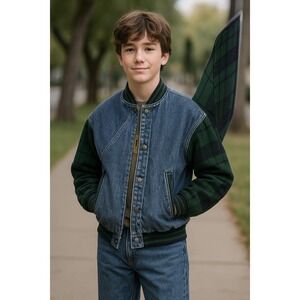 Vintage GAP Denim Bomber Jacket Kids L Varsity Plaid Sleeve Retro Y2K 90s